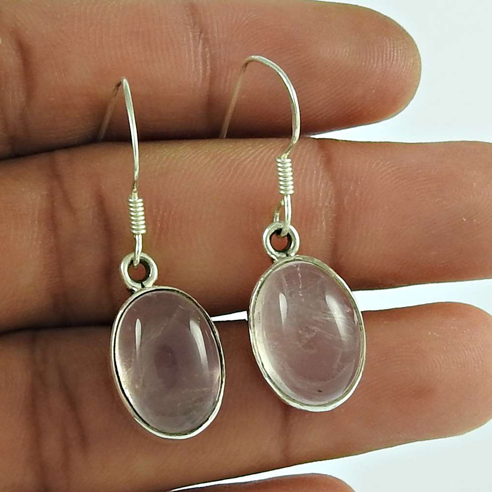 Gift For Her Natural Rose Quartz Dangle Boho Earrings 925 Silver D1