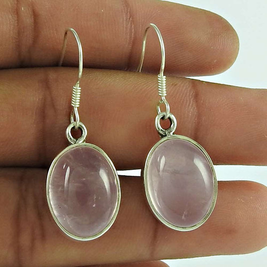 Natural Rose Quartz Gemstone Dangle Vintage Pink Earrings 925 Silver E1