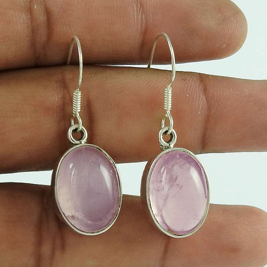 Natural Rose Quartz 925 Silver Dangle Bohemian Earrings For Girls F1