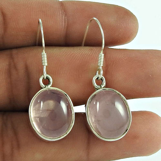 Gift For Women Dangle Vintage Earrings 925 Silver Natural Rose Quartz G1