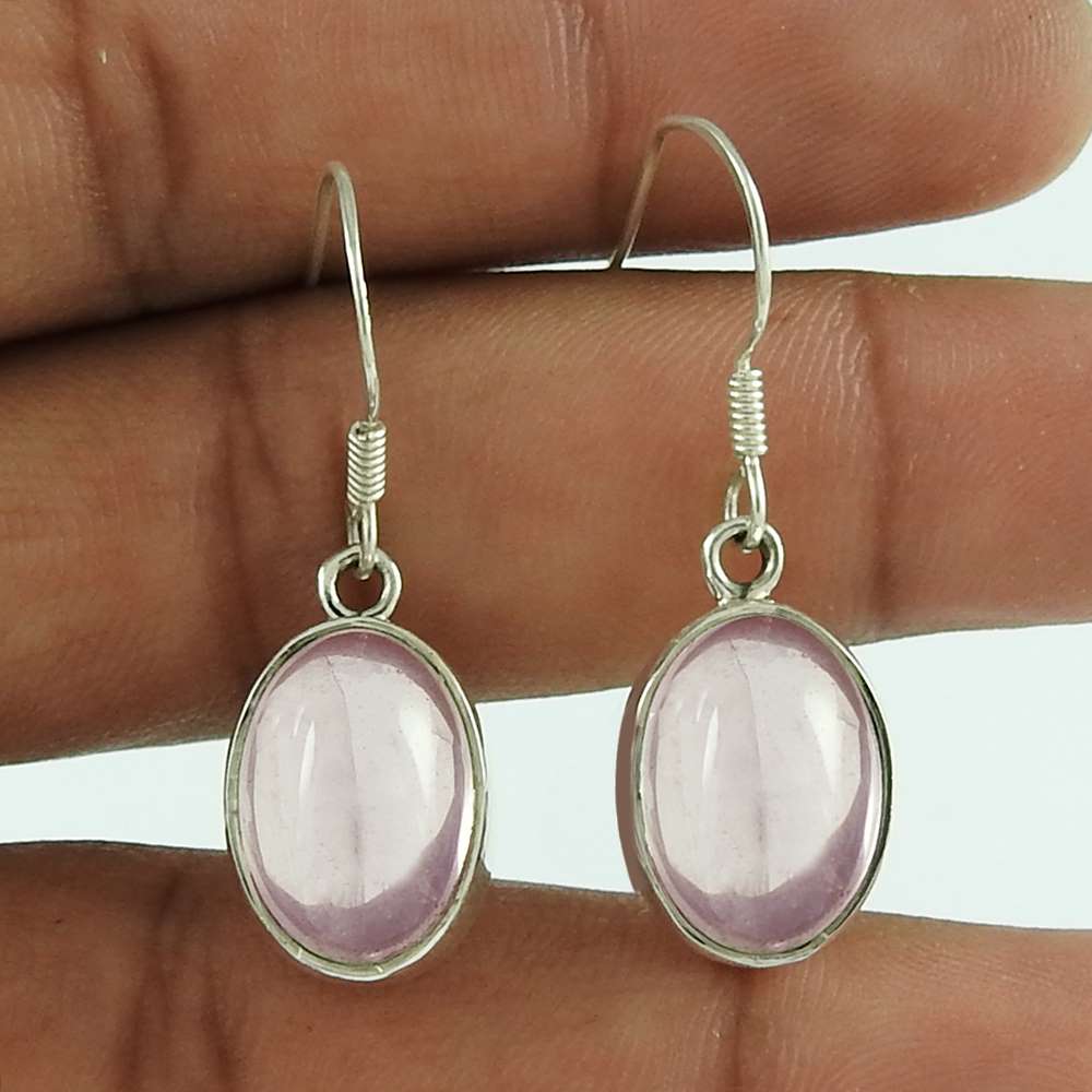 Gift For Her Natural Rose Quartz Dangle Vintage Earrings 925 Silver I1
