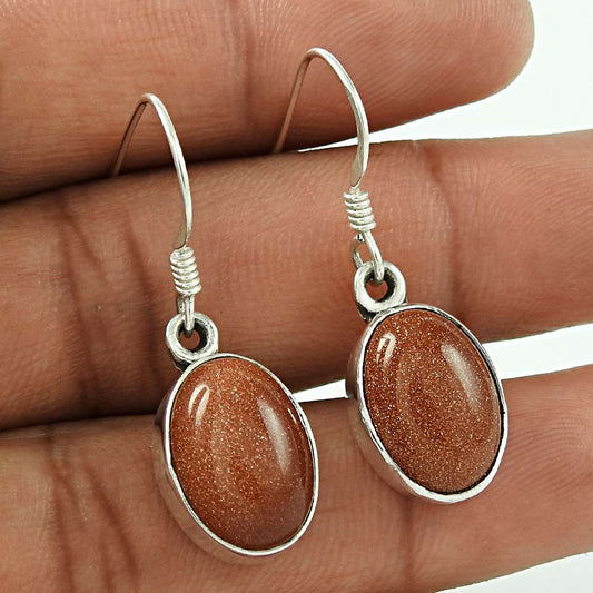 Natural Sunstone Gemstone Dangle Tribal Brown Earrings 925 Silver K1