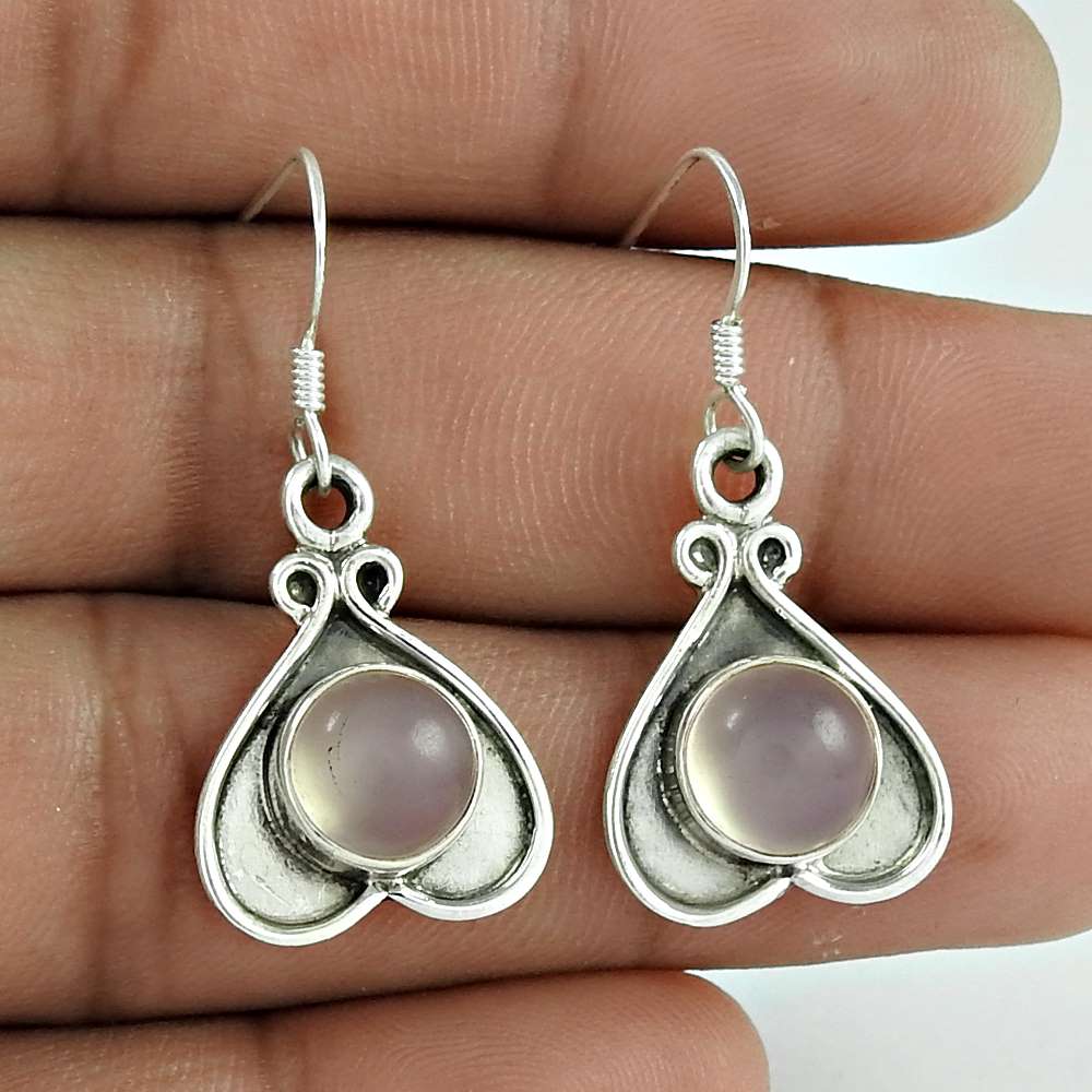 Natural Rose Quartz Gemstone Dangle Boho Earrings 925 Silver For Girls Y1