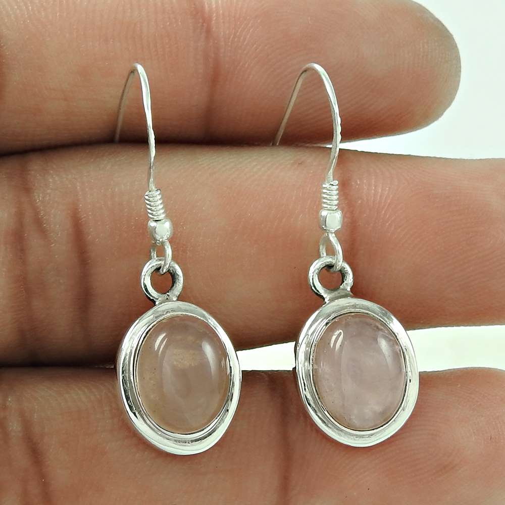 Woman Gift Natural Rose Quartz Gemstone Dangle Earrings 925 Silver E1