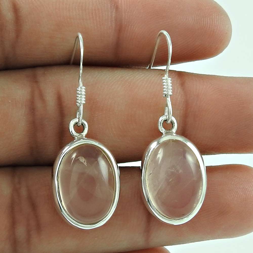 Woman Gift Natural Rose Quartz Dangle Earrings 925 Silver D1