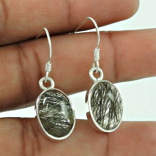 Natural Black Rutile Gemstone Dangle Bohemian Earrings 925 Silver J2