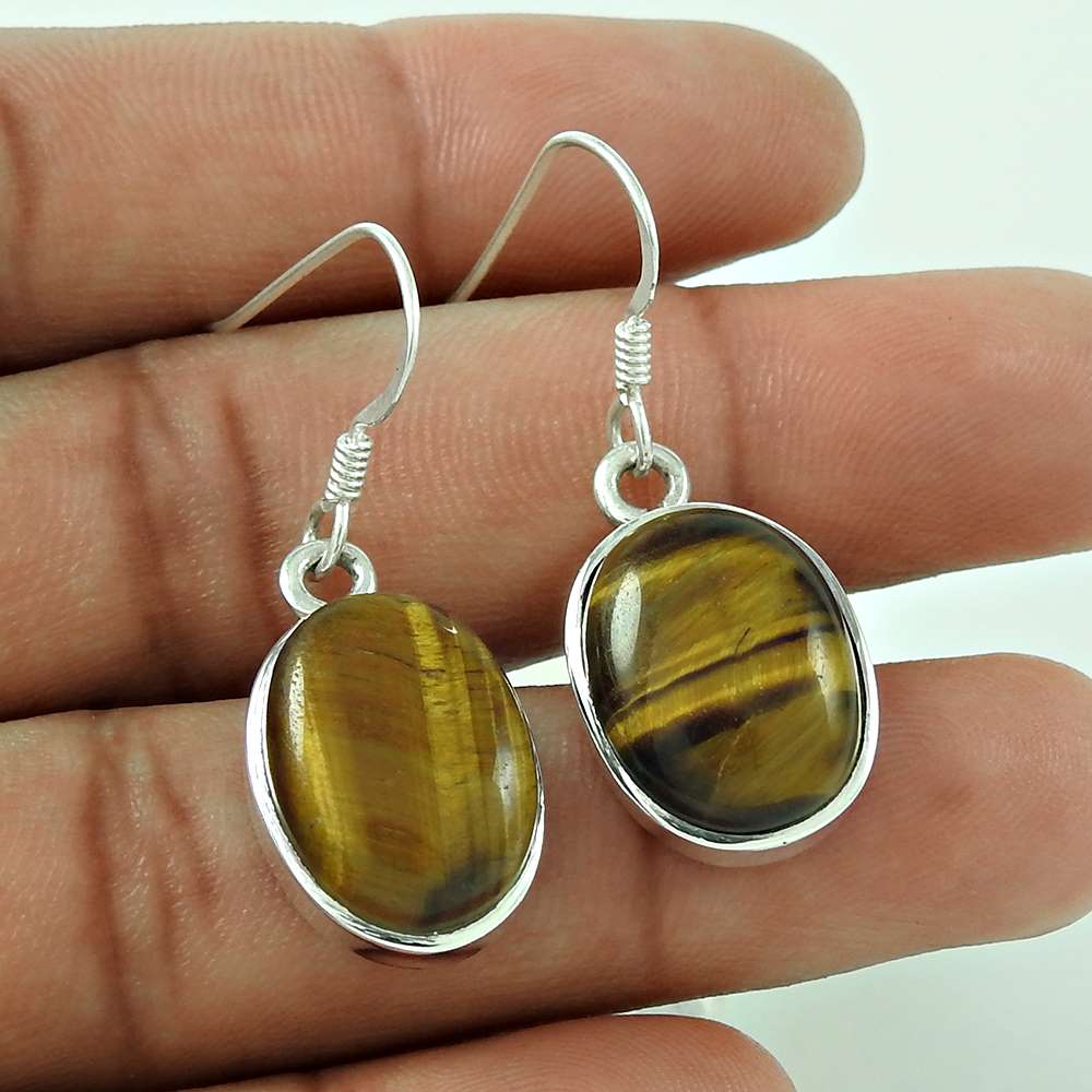 Gift For Women Dangle Vintage Earrings 925 Silver Natural Tiger'S Eye Z23