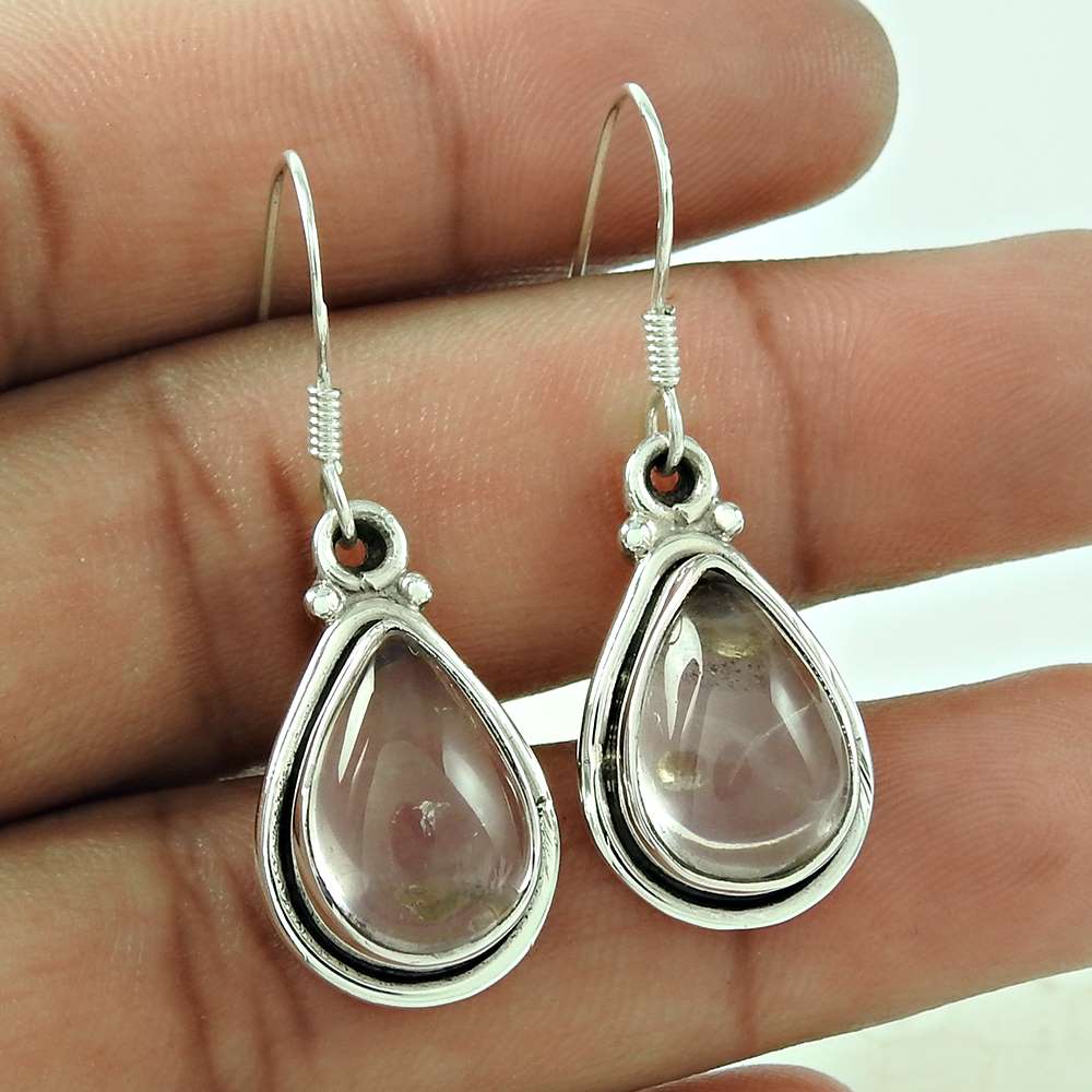 Natural Rose Quartz Gemstone Dangle Ethnic Earrings 925 Sterling Silver Q2