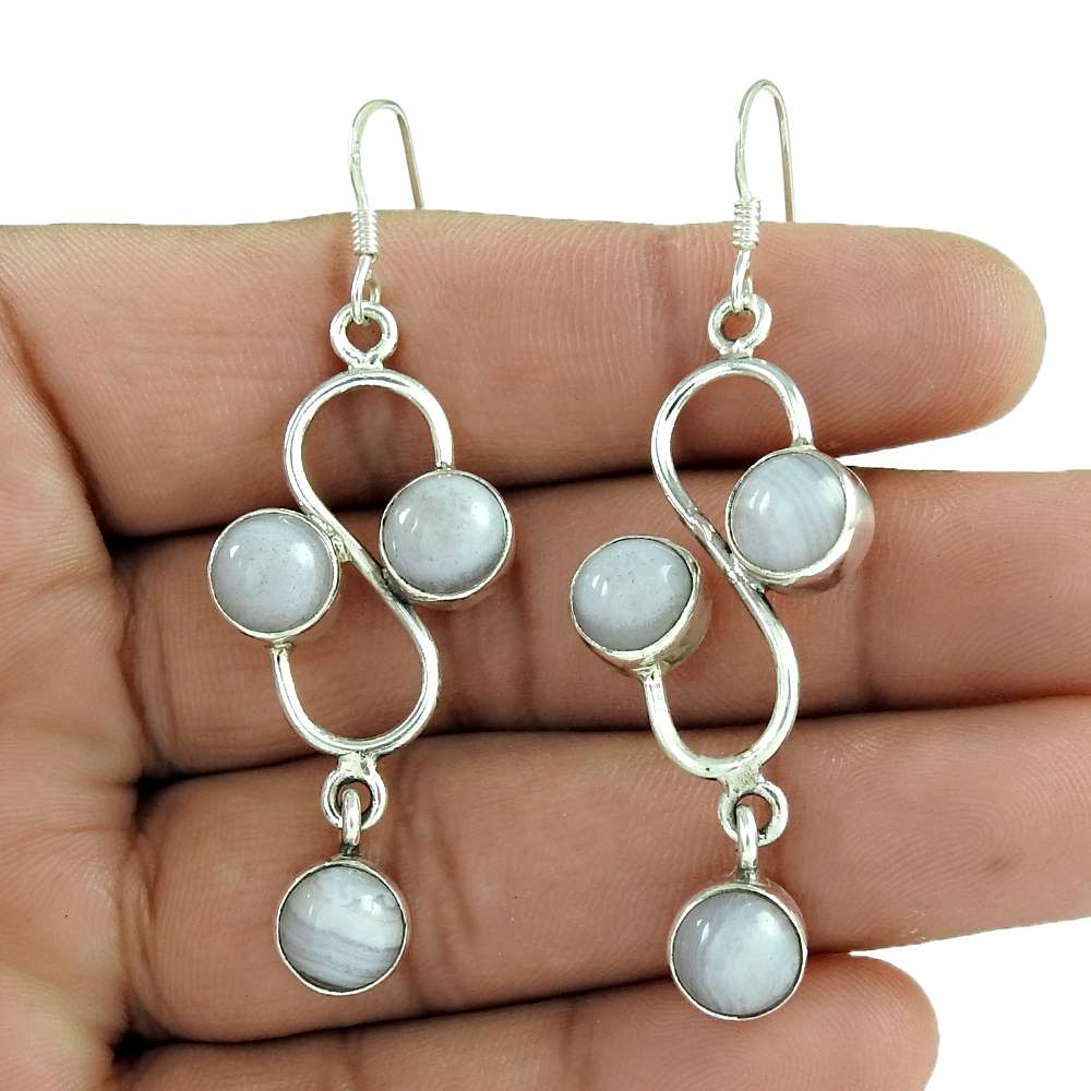 Natural Blue Lace Agate 925 Silver Dangle Boho Earrings For Women K16
