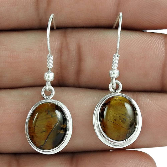 Natural Tiger'S Eye Gemstone Dangle Ethnic Earrings 925 Sterling Silver U2