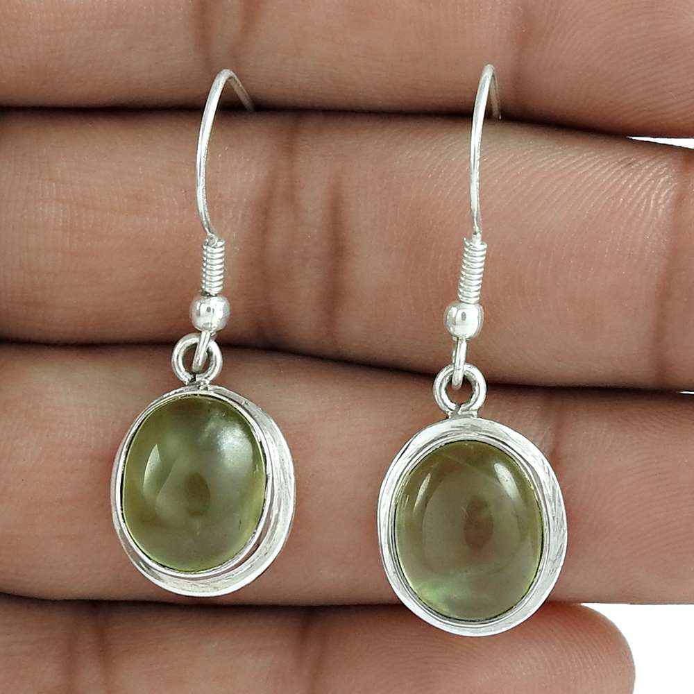 Natural Prehnite Gemstone Dangle Tribal Green Earrings 925 Silver V2