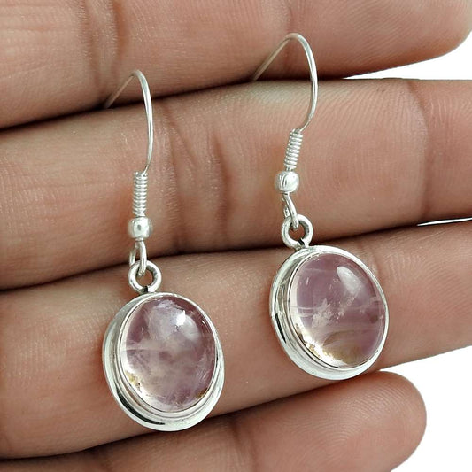 Natural Rose Quartz 925 Silver Dangle Bohemian Earrings For Women X2