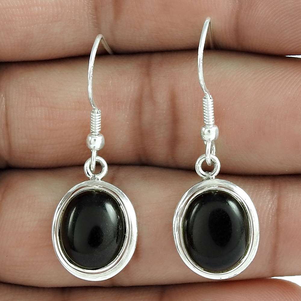 Gift For Her Natural Black Onyx Dangle Ethnic Earrings 925 Silver Z2