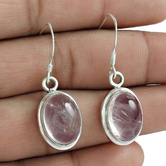 Natural Rose Quartz Gemstone 925 Silver Dangle Tribal Earrings For Girls A3