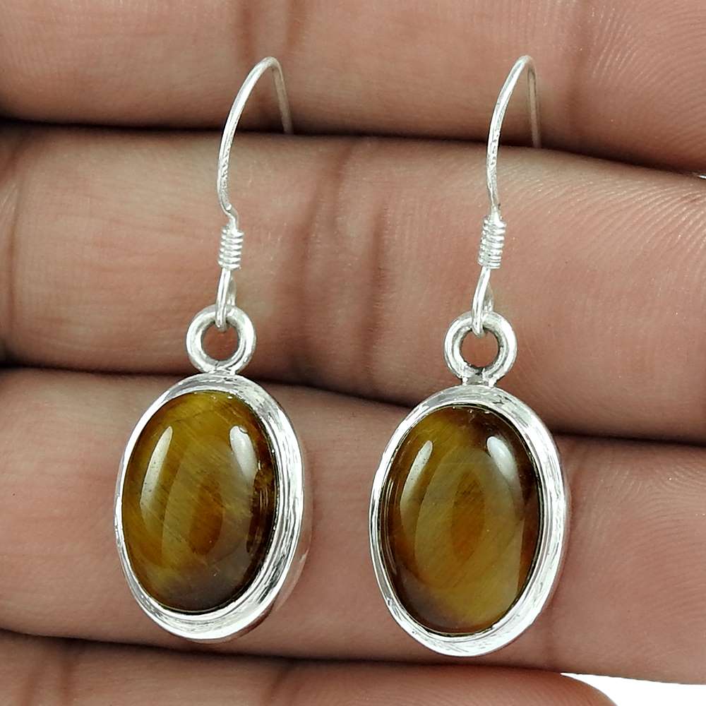 Gift For Her 925 Silver Natural Tiger'S Eye Dangle Boho Earrings B3