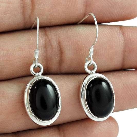 Gift For Women Dangle Boho Earrings 925 Silver Natural Black Onyx H3