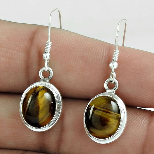 Natural Tiger'S Eye Dangle Bohemian Earrings 925 Silver For Girls I3