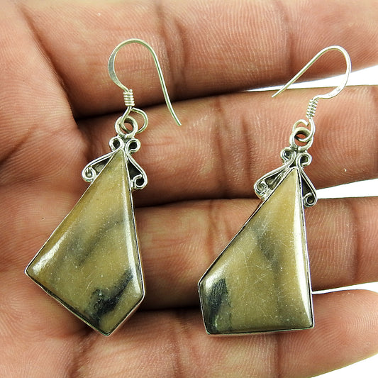 Christmas Gift 925 Silver Natural Jasper Gemstone Drop/Dangle Earrings A1