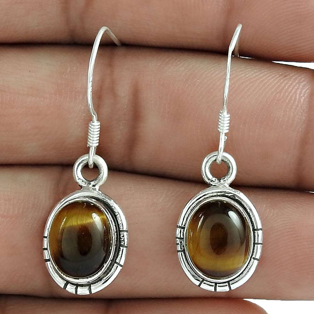 Gift For Her 925 Silver Natural Tiger'S Eye Dangle Ethnic Earrings S3