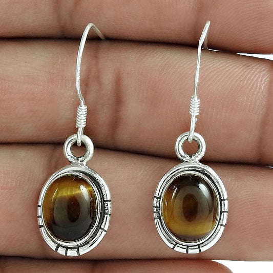 Gift For Her 925 Silver Natural Tiger'S Eye Dangle Ethnic Earrings S3