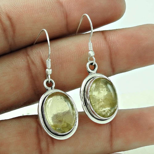 Natural Lemon Quartz Gemstone Dangle Bohemian Earrings 925 Silver T3