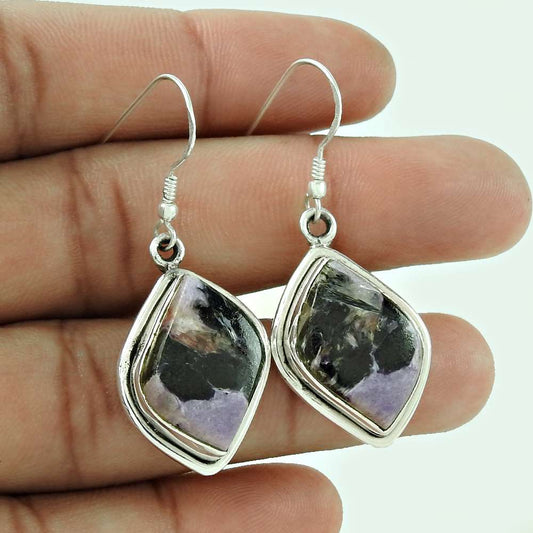 Natural Charoite Gemstone 925 Silver Dangle Tribal Earrings For Women W3