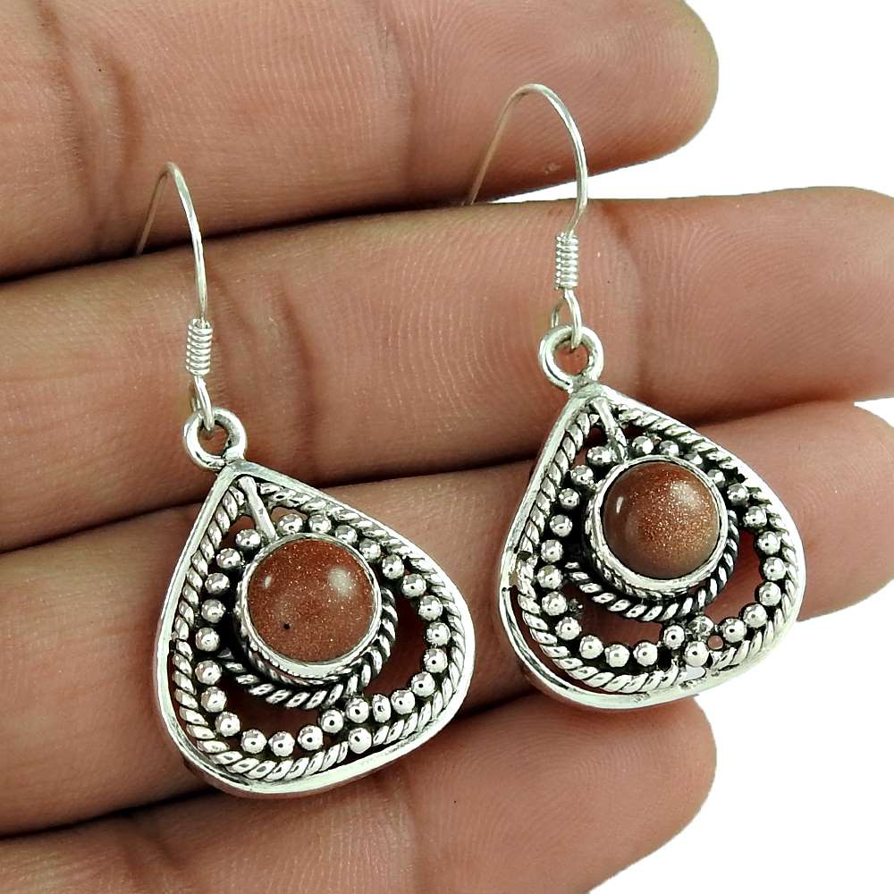 Gift For Her Natural Sunstone Dangle Tribal Earrings 925 Silver Z3