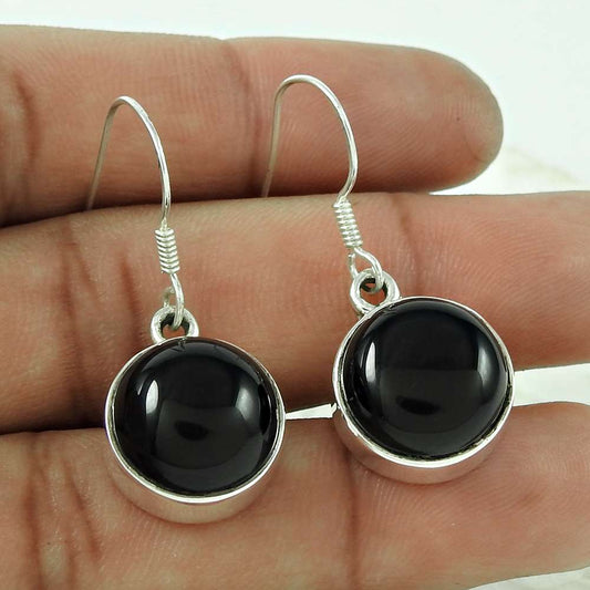 Gift For Her Natural Black Onyx Dangle Boho Earrings 925 Silver H4