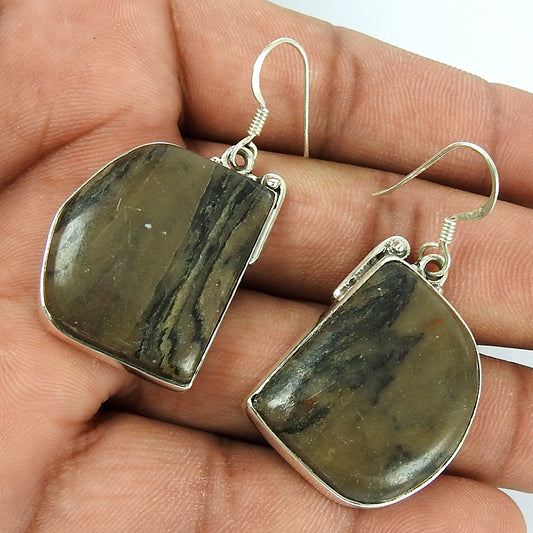 Christmas Gift 925 Sterling Silver Natural Brush Agate Earrings C1