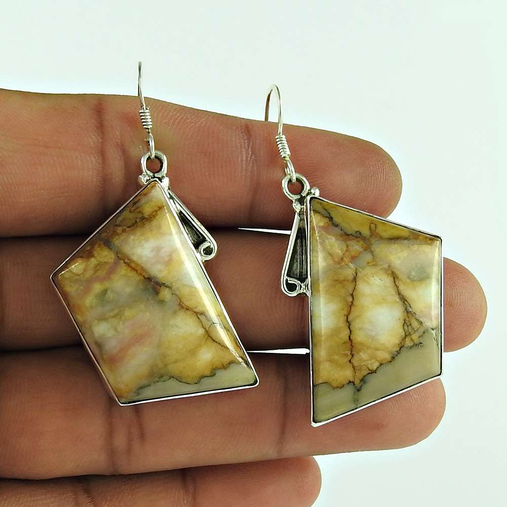 925 Silver Natural Landscape Jasper Dangle Vintage Earrings F32