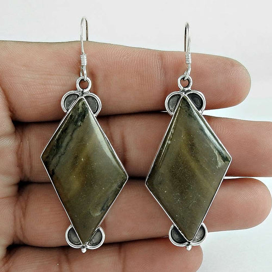 Natural Brush Agate Gemstone Dangle Ethnic Brown Earrings 925 Silver U14