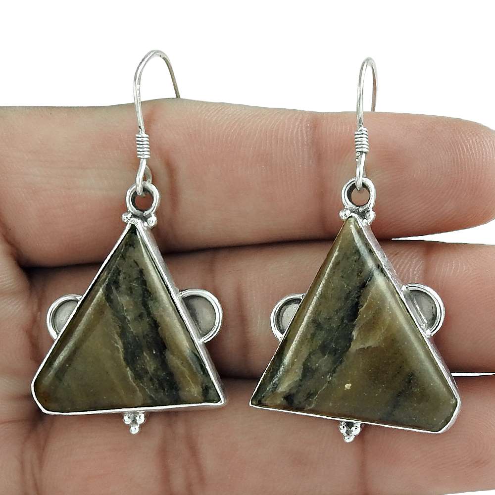 Woman Gift 925 Silver Natural Brush Agate Gemstone Dangle Earrings K1