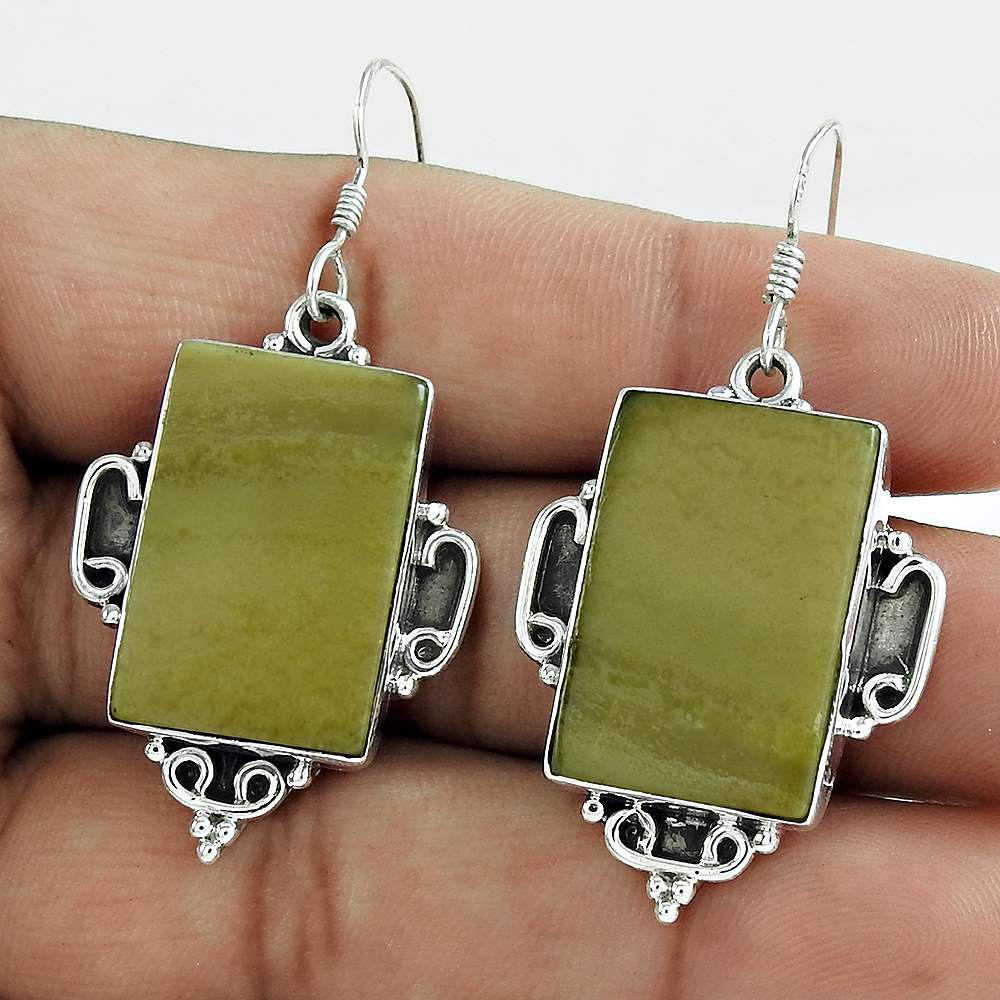 Natural Serpentine Gemstone 925 Silver Dangle Boho Earrings For Women A4