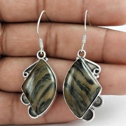 Natural Outback Jasper Gemstone Dangle Vintage Gray Earrings 925 Silver E6