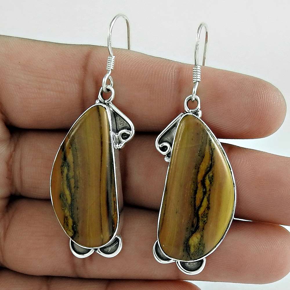 Natural Brecciated Mookaite Dangle Vintage Brown Earrings 925 Silver F6