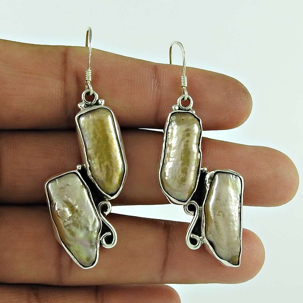 Gift For Her Natural Biwa Pearl Dangle Tribal Earrings 925 Silver V21