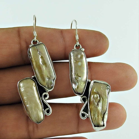 Natural Biwa Pearl Gemstone Dangle Ethnic Gray Earrings 925 Silver H6