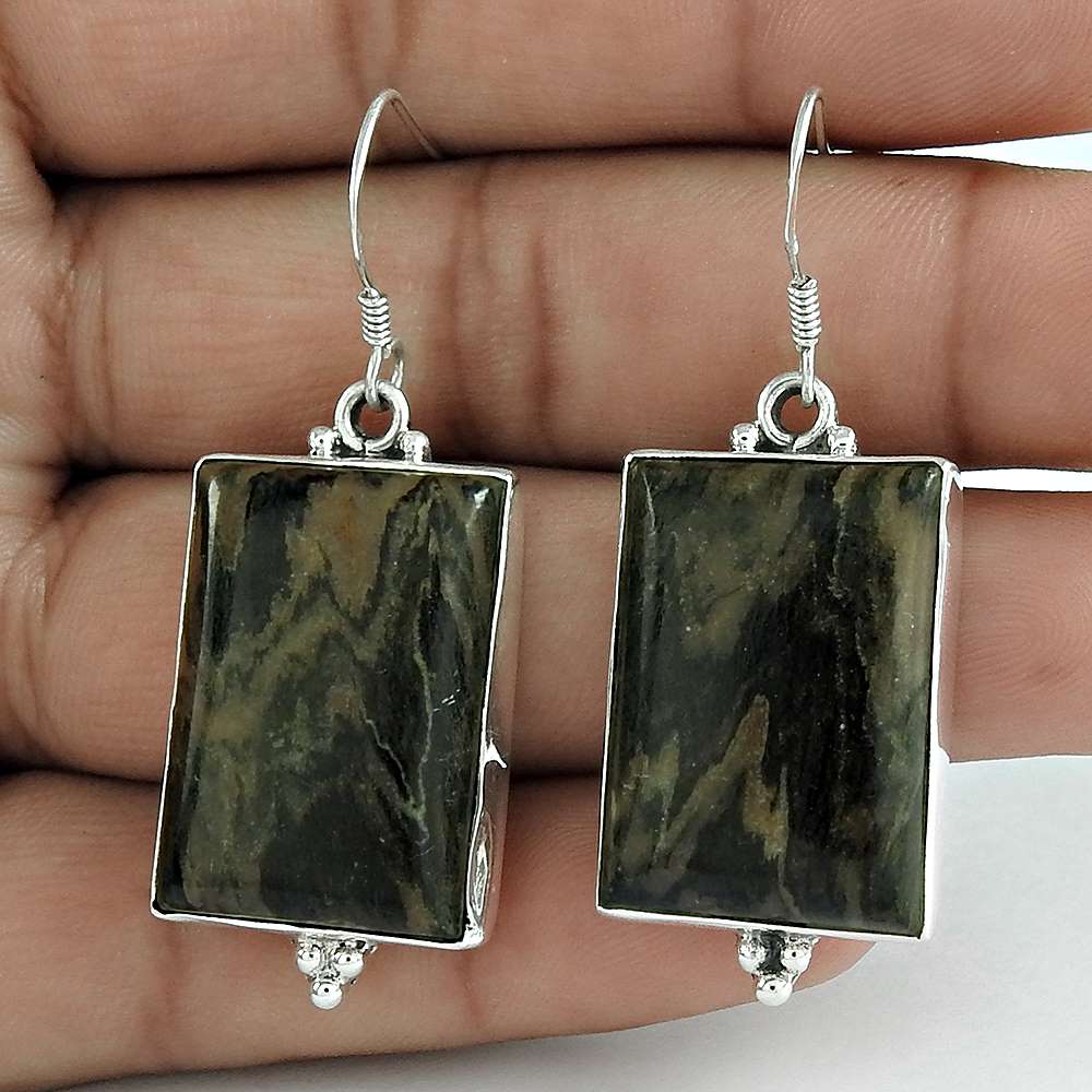 Gift For Her Natural Brush Agate Dangle Boho Earrings 925 Silver I6