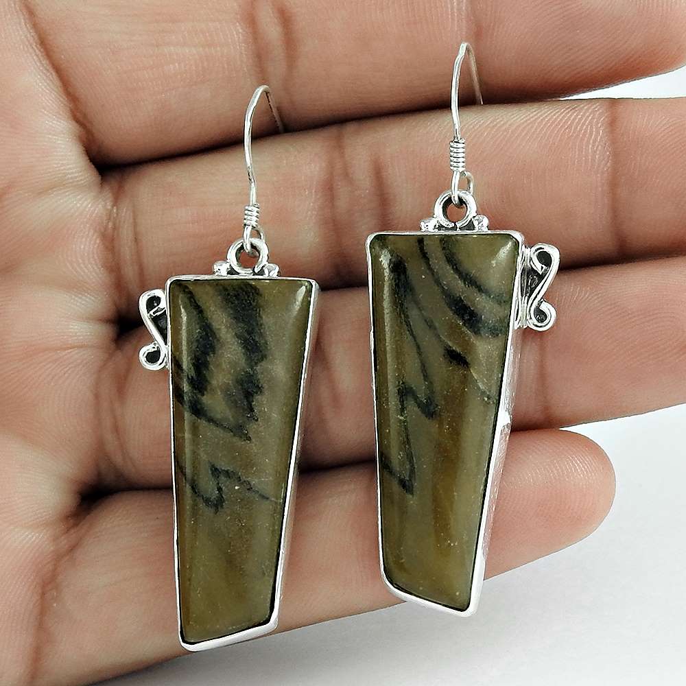 Natural Brush Agate Gemstone Dangle Tribal Earrings 925 Silver For Women M6