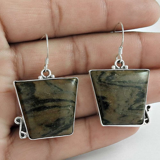 Gift For Women Dangle Vintage Earrings 925 Silver Natural Brush Agate Q3