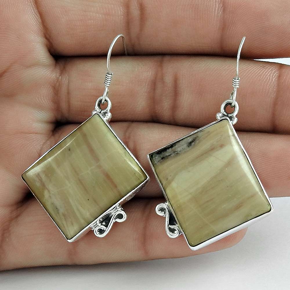 Gift For Her Natural Imperial Jasper Dangle Vintage Earrings 925 Silver U6
