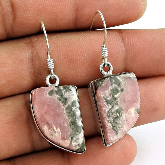 Natural Rhodochrosite 925 Silver Dangle Tribal Earrings For Girls K7