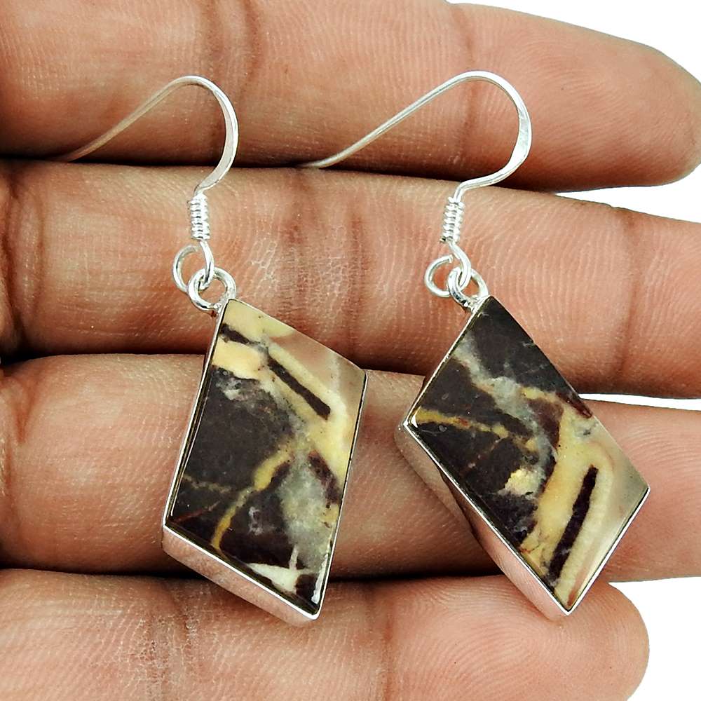 925 Sterling Silver Jewellery Ethnic Brush Agate Gemstone Earrings