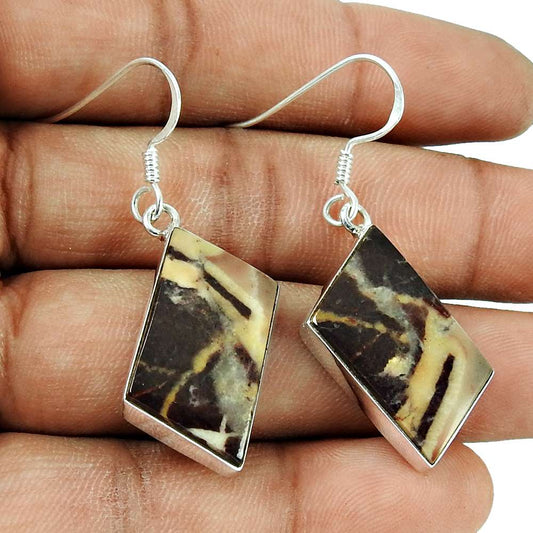 925 Sterling Silver Jewellery Ethnic Brush Agate Gemstone Earrings