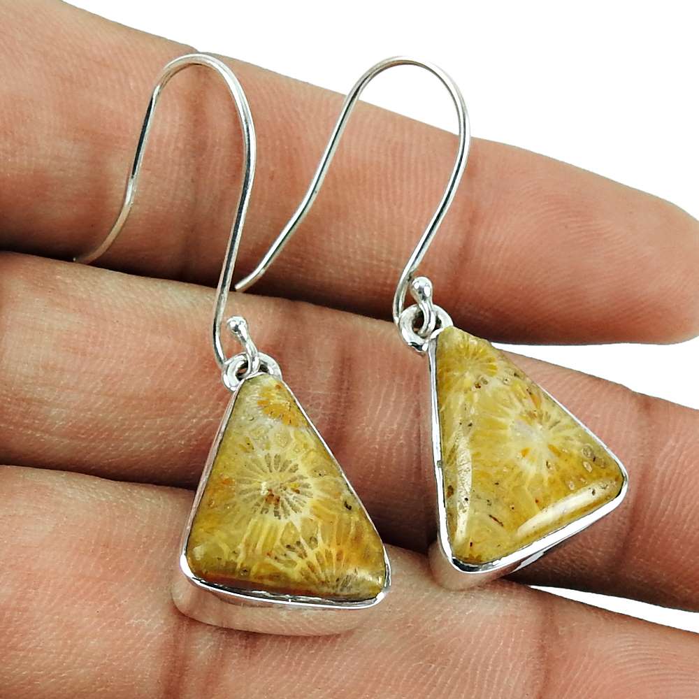 Gift For Her Natural Fossil Coral Dangle Boho Earrings 925 Silver I9