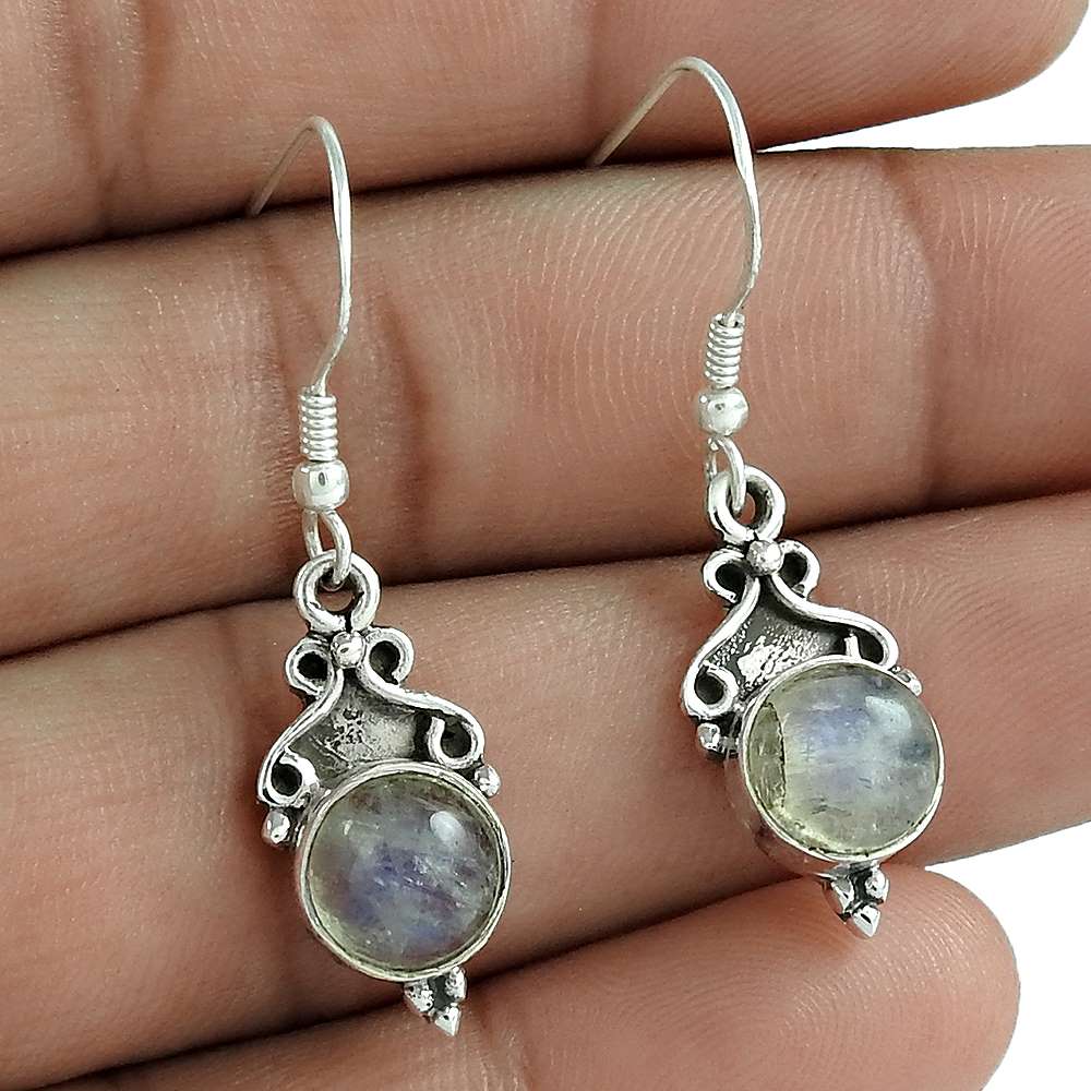Natural Rainbow Moonstone Dangle Ethnic Earrings 925 Silver For Women W9