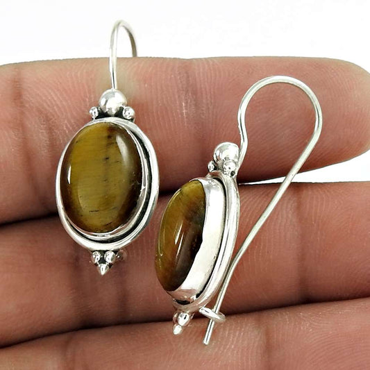 Gift For Her 925 Silver Natural Tiger'S Eye Dangle Earrings G11