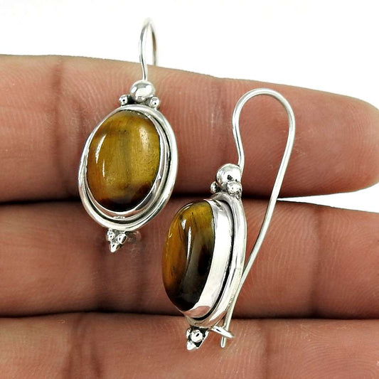 Woman Gift 925 Silver Natural Tiger'S Eye Gemstone Dangle Earrings T1