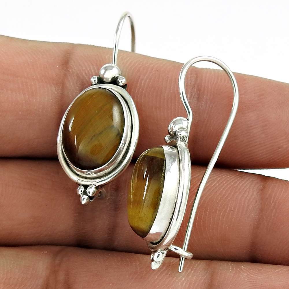 Gift For Her 925 Silver Natural Tiger'S Eye Dangle Boho Earrings G10