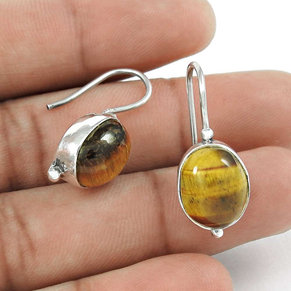 Woman Gift Natural Tiger'S Eye Dangle Earrings 925 Sterling Silver E2